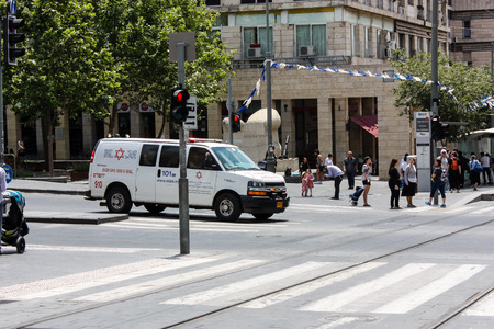 Jerusalem Israel June 1, 2018 View of unknowns people walking on Jaffa street in Jerusalem in the morningのeditorial素材