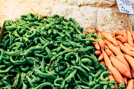 Closeup of various vegetables  and fruits sold in the market in Israelの写真素材