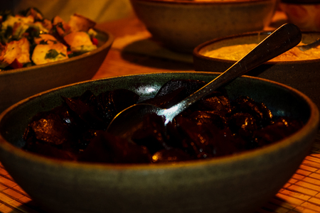 Closeup of traditional Israeli food for Shabbat in Israelの写真素材