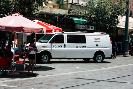 Jerusalem israel June 08, 2018 View of Israeli police car in Jaffa street in Jerusalem in the morningのeditorial素材