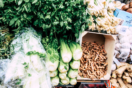 Closeup of various vegetables  and fruits sold in the market in Israelのeditorial素材
