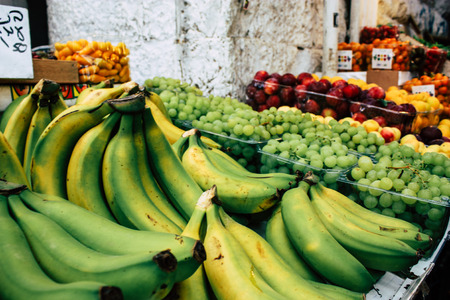 Closeup of various vegetables  and fruits sold in the market in Israelの写真素材