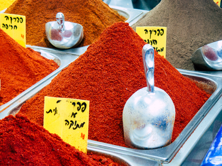 Jerusalem Israel June 12, 2018 View of various spices sold in the market in Jerusalem in the morningの写真素材