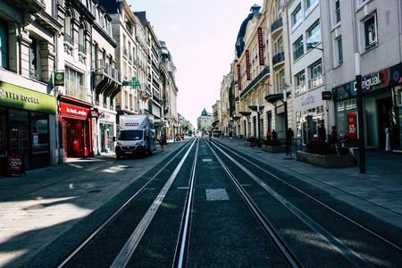 Reims France July 02, 2018 View of the tramway of the city of Reims in France in the morningのeditorial素材