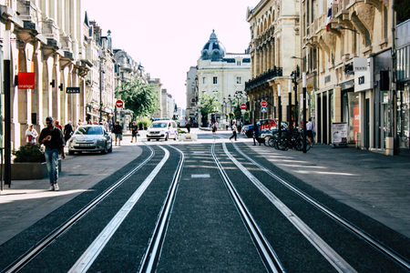 Reims France July 02, 2018 View of the tramway of the city of Reims in France in the morningのeditorial素材