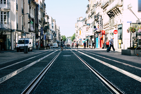 Reims France July 02, 2018 View of the tramway of the city of Reims in France in the morningのeditorial素材