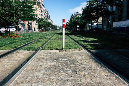 Reims France July 02, 2018 View of the tramway of the city of Reims in France in the morningのeditorial素材