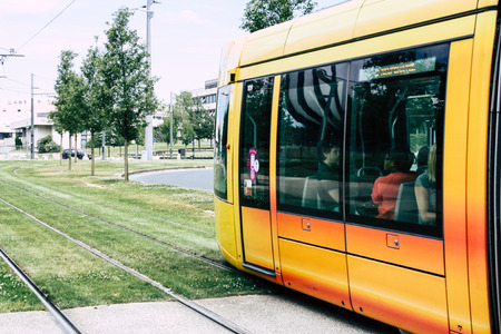 Reims France July 02, 2018 View of the tram and tramway of the city of Reims in France in the morningのeditorial素材