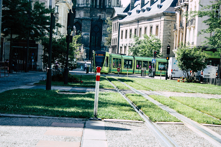 Reims France July 02, 2018 View of the tram and tramway of the city of Reims in France in the morningのeditorial素材