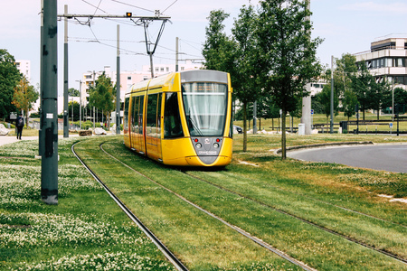 Reims France July 02, 2018 View of the tram and tramway of the city of Reims in France in the morningのeditorial素材