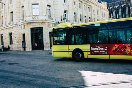 Reims France July 02, 2018 View of the public transport bus of the city of Reims in France in the...
