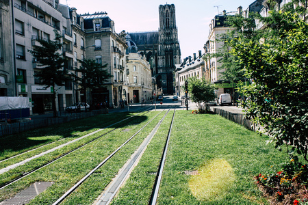 Reims France July 02, 2018 View of the tramway of the city of Reims in France in the morning