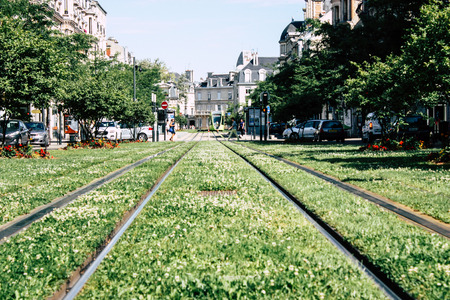 Reims France July 02, 2018 View of the tramway of the city of Reims in France in the morningのeditorial素材