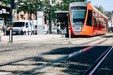 Reims France July 02, 2018 View of the tram and tramway of the city of Reims in France in the morningのeditorial素材