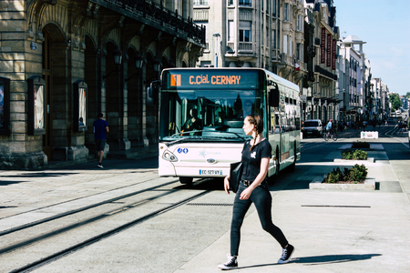 Reims France July 02, 2018 View of the bus of the city of Reims in France in the morningのeditorial素材