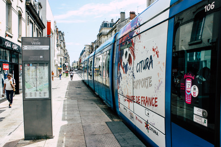 Reims France July 02, 2018 View of the tramway of the city of Reims in the morningのeditorial素材