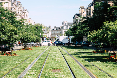 Reims France July 02, 2018 View of the tramway of the city of Reims in France in the morningのeditorial素材