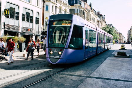 Reims France July 02, 2018 View of the tram and tramway of the city of Reims in France in the morningのeditorial素材