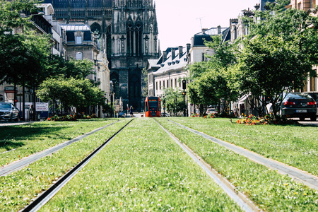 Reims France July 02, 2018 View of the tram and tramway of the city of Reims in France in the morningのeditorial素材