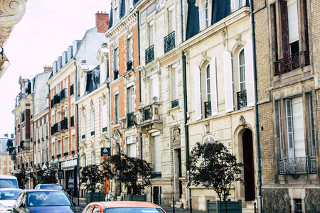 Reims France July 02, 2018 View of buildings in Rue Buirette street at the city of Reims in the morningのeditorial素材