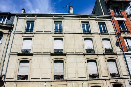 Reims France July 02, 2018 View of buildings in Rue Des Poissonniers street of the city of Reims in the morningのeditorial素材