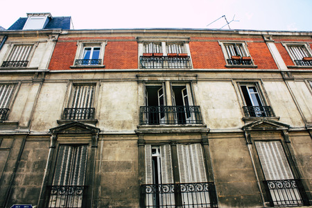Reims France July 02, 2018 View of buildings in Rue Des Poissonniers street of the city of Reims in the morningのeditorial素材
