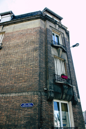 Reims France July 02, 2018 View of buildings in Rue Des Poissonniers street of the city of Reims in the morningのeditorial素材