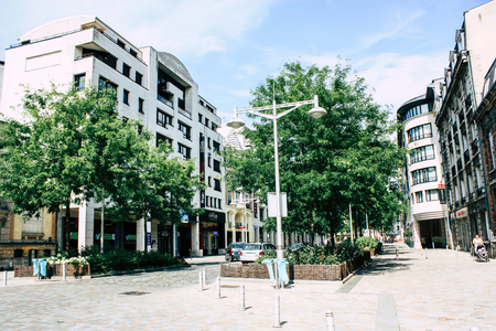 Reims France July 02, 2018 View of buildings in Rue Buirette street at the city of Reims in the morningのeditorial素材
