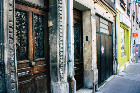 Reims France July 02, 2018 View of buildings in Rue Des Poissonniers street of the city of Reims in the morningのeditorial素材
