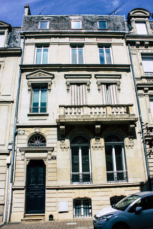Reims France July 02, 2018 View of buildings in Rue Buirette street at the city of Reims in the morningのeditorial素材