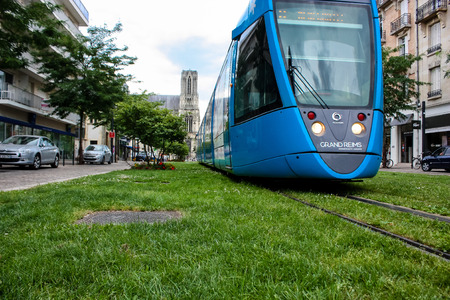 Reims France July 03, 2018 View of the tram of the city of Reims in the eveningのeditorial素材