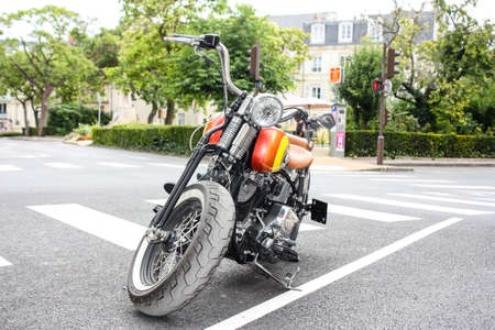 Reims France July 03, 2018 View of a Harley Davidson motorbike parked in the street of Reims in the...