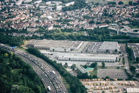 France June 29, 2018 Aerial view of buildings near Paris in France at 10,000 feet altitude in the afternoonのeditorial素材