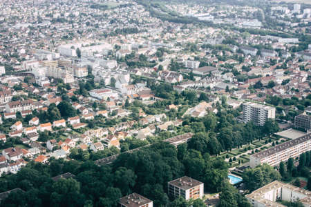 France June 29, 2018 Aerial view of buildings near Paris in France at 10,000 feet altitude in the afternoonのeditorial素材