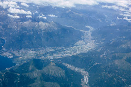 aerial view of the Mont Blanc massif between France and Italy at 10,000 feet altitude in the afternoonの写真素材