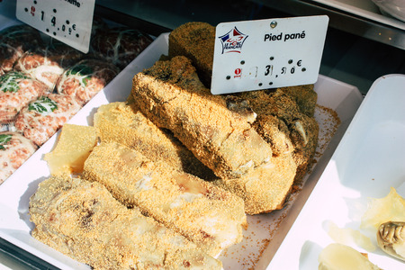 Reims France July 14, 2018 View of a truck selling delicatessen and meat pies at the Reims market in the morningのeditorial素材