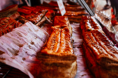 Reims France July 14, 2018 View of a truck selling delicatessen and meat pies at the Reims market in the morningのeditorial素材