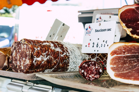 Reims France July 14, 2018 View of a truck selling delicatessen and meat pies at the Reims market in...