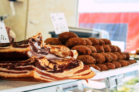Reims France July 14, 2018 View of a truck selling delicatessen and meat pies at the Reims market in...