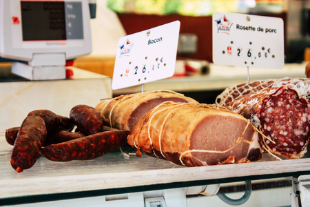 Reims France July 14, 2018 View of a truck selling delicatessen and meat pies at the Reims market in the morningのeditorial素材
