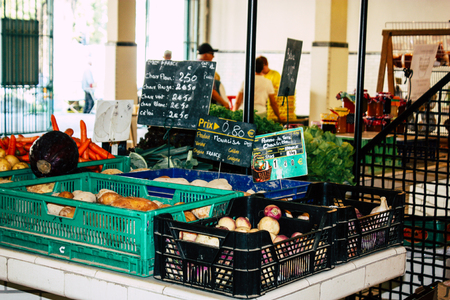 Reims France July 14, 2018 View of vegetables and fruits sold at the Reims market in the morningのeditorial素材