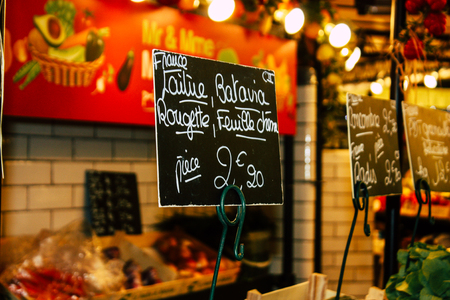 Reims France July 14, 2018 View of vegetables and fruits sold at the Reims market in the morningのeditorial素材