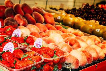 Reims France July 14, 2018 View of vegetables and fruits sold at the Reims market in the morningのeditorial素材