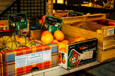 Reims France July 14, 2018 View of vegetables and fruits sold at the Reims market in the morningのeditorial素材