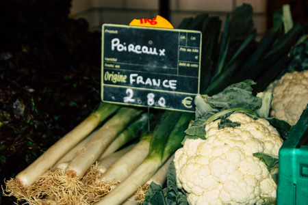 Reims France July 14, 2018 View of vegetables and fruits sold at the Reims market in the morningのeditorial素材