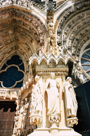 Reims France July 16, 2018 View of the exterior facade of Notre Dame Cathedral in Reims in the afternoonのeditorial素材
