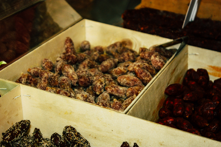 Reims France July 14, 2018 View of dry sausages sold at the Reims market in the morningのeditorial素材