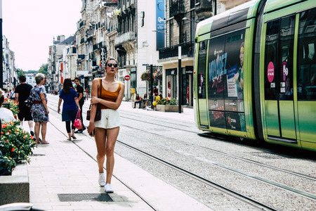 Reims France July 23, 2018 View of unknowns people walking in the street of Reims in the afternoonのeditorial素材