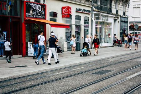 Reims France July 23, 2018 View of unknowns people walking in the street of Reims in the afternoonのeditorial素材