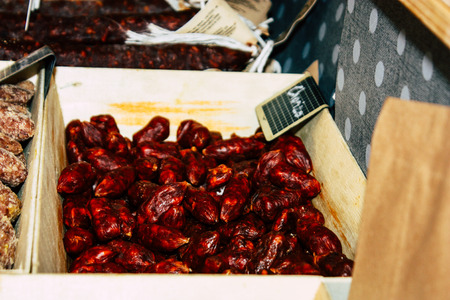 Reims France July 14, 2018 View of dry sausages sold at the Reims market in the morningのeditorial素材